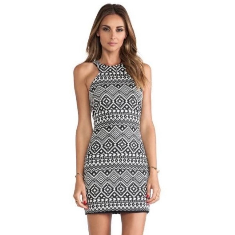 Parker Mariah Aztec Print Bodycon Black and White Jacquard Racerback Dress.